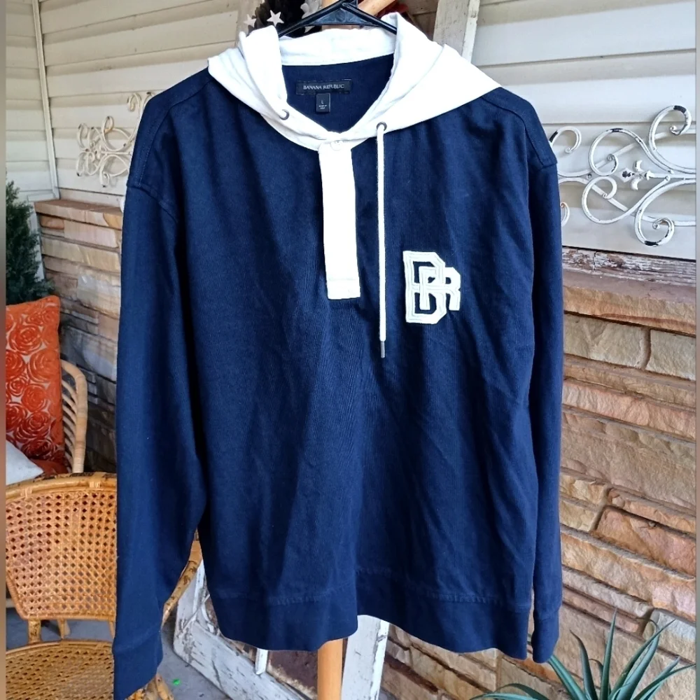 Banana Republic 100% Cotton Navy Blue and White Hoodie with Logo_Large